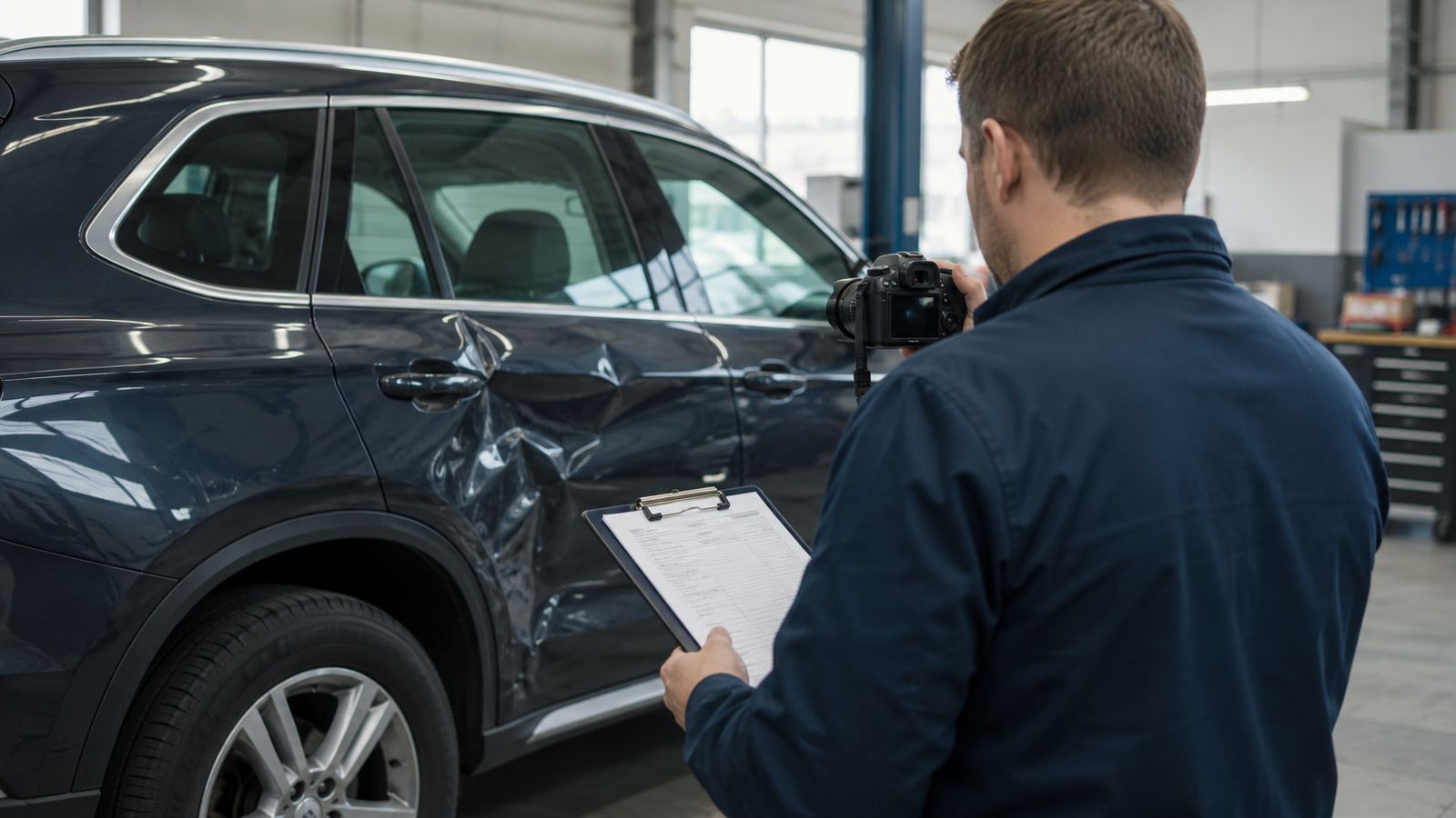 KFZ-Gutachter fotografiert mit Kamera und Klemmbrett einen Schaden an der Seite eines dunklen SUV